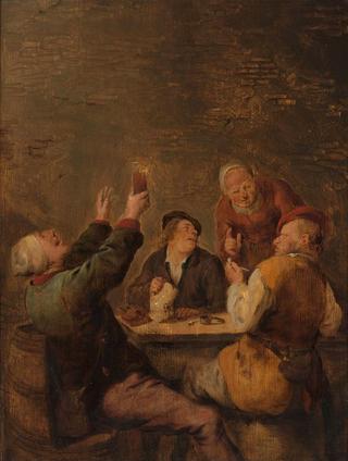 快乐的同伴，三个男人坐在一张桌子上，一个女人站着
