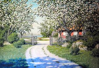 Cabin with blooming fruit trees