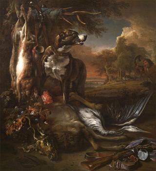 A Deerhound with Dead Game and Implements of the Chase