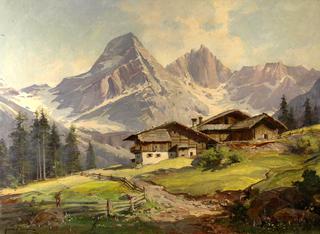 Landscape from Tirolian Alps with a mountain cottage