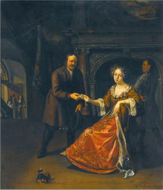 An Elegant Lady Seated In An Interior Receiving a Letter From a Footman