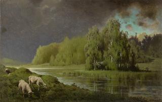 Approaching Storm, Sheep on a River Bank