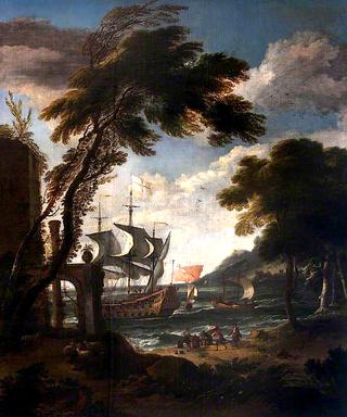 A Seaport with Men o' War, Boats and Figures