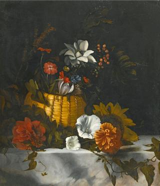 A Still Life of a Basket of Flowers on a Large Marble Ledge