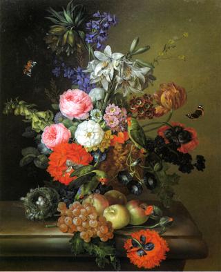 Still Life with Flowers, Parakeets and Butterflies