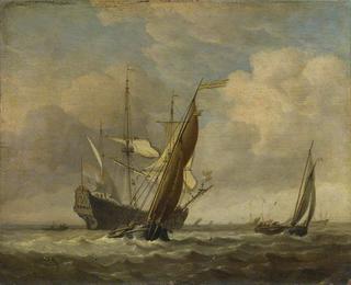 两艘小船和一个荷兰人在微风中作战