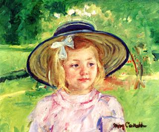 Little Girl in a Stiff, Round Hat, Looking to Right in a Sunny Garden