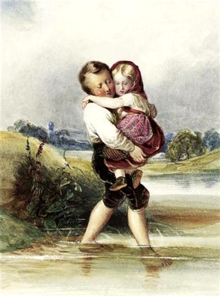 Boy carrying his sister over a stretch of water