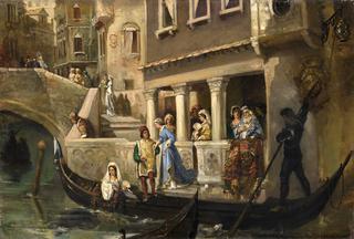 Dignitaries Boarding a Gondola on a Venetian Backwater