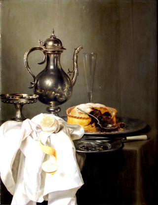 Still life with silver ewer and pie