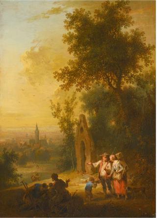 A landscape with travellers outside a town
