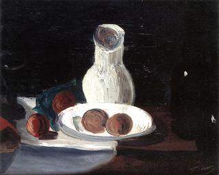 A Plate of Fruit, Pitcher, Bottle and Glass