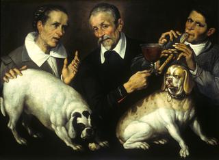 Three men with two dogs