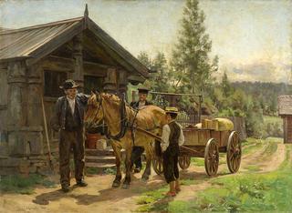 Two men and a boy with a horse carriage