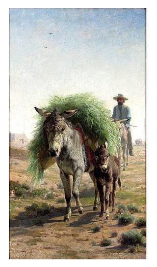 Southwestern scene with donkey loaded with harvest, and rider