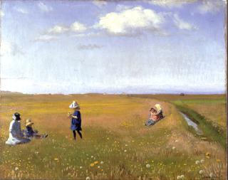 Children and Young Girls Picking Flowers in a Field North of Skagen