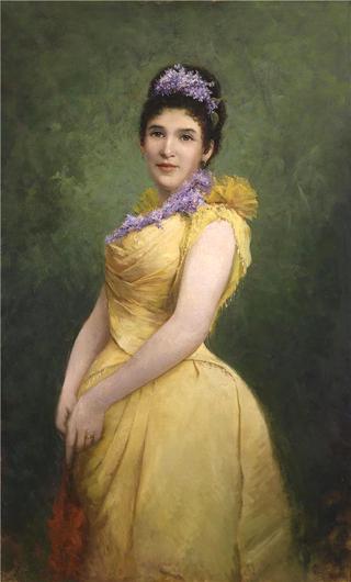 Lady in a yellow dress and lilac in her hair