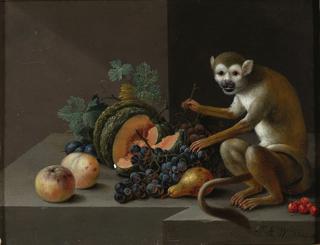 Still life with a melon, peaches, plums, grapes, cherries, a pear ans a monkey on a stone ledge