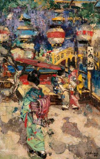 Japanese Street Scene with Lanterns and Bridge