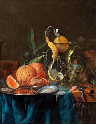 A still life of oranges, grapes, a rummer of wine, a kometenglas of ale, a crab and an oyster