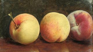 Three Peaches on a Brown Table