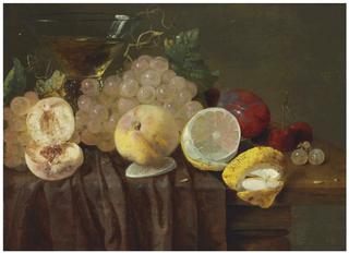 Grapes, peaches, a lemon, plums, cherries and a roemer on a partially-draped table