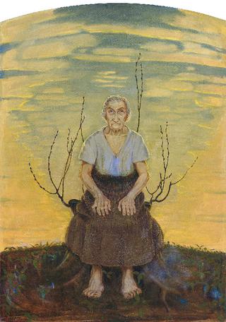 Old Woman Seated on a Tree Stump