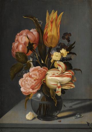 Still Life with Tulips, Roses, Marigolds and other Flowers, in a Glass Vase