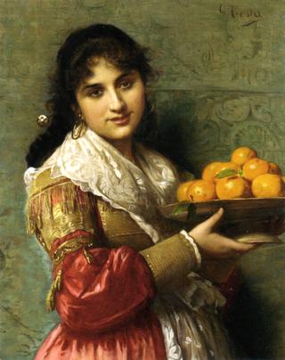 A Young Italian Beauty with a Plate of Oranges