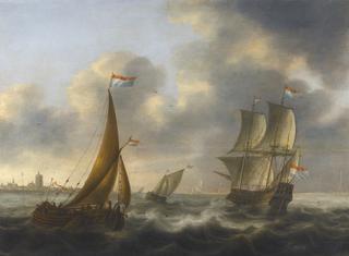 A Merchant-man, An Admiral's Barge And Other Small Ships In Choppy Waters