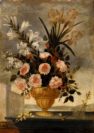 Still Life of Iris, Lilies, Roses and Carnations in Elaborate Urn