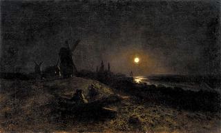 Seascape with a Mill by Moonlight