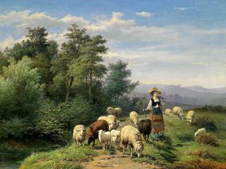 Shepherdess and Flock in an Open Landscape