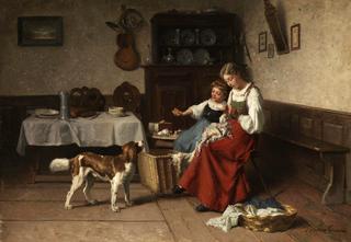 Two Young Girls with a Gog in an Interior