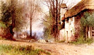 Pastoral View, Village Lane with Shepherd and Flock