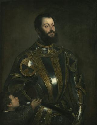阿方索·达瓦洛斯的肖像，瓦斯托侯爵，身穿盔甲，和小童