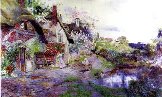 An English Idyll, Figures outside a Thatched Cottage