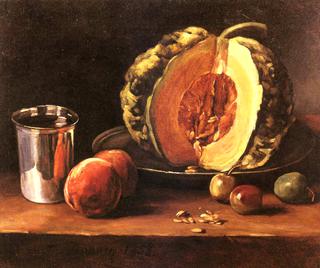 Still life with a Pumpkin, Peaches and a Silver Goblet on a Table Top