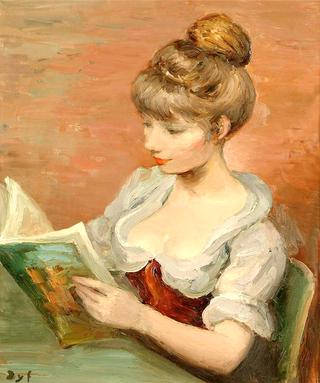 Claudine reading in a red dress