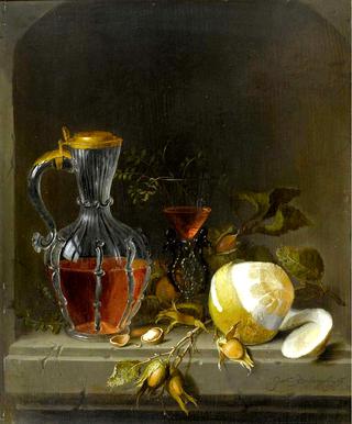 Still life in a niche with lemon, a façon de Venise wineglass, chestnuts, hazelnuts and a glass jug