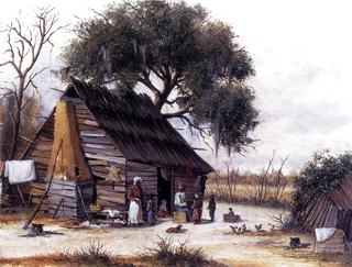 Louisiana Cabin Scene with Stretched Hide on Weatherboard and Stock Chimney Covered with Clay