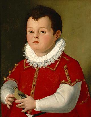 一个穿着红色衣服的小男孩抱着一只金翅雀的画像