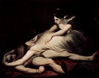 Kriemhild throws herself on the dead Siegfried