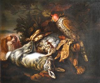 Still life with a falcon and a spaniel watching