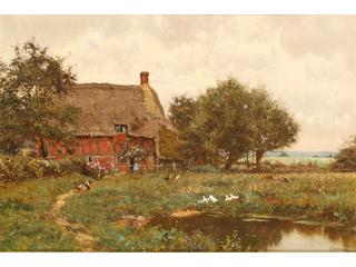 A cottage beside a pond with chickens and ducks in a landscape