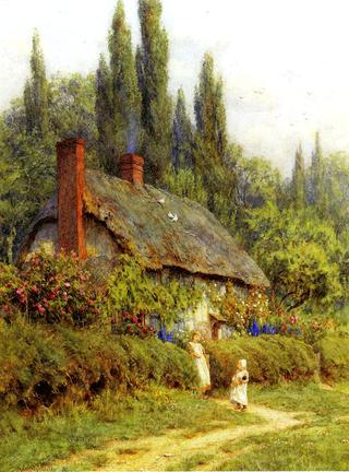 Children on a Path outside a Thatched Cotate, West Horsley, Surrey