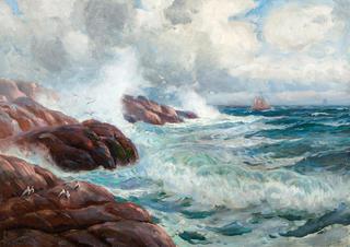 Coastal Landscape with Sailing Boats and Seabirds