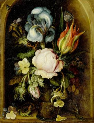 Still Life of Flowers in a Glass Vase with lizard and butterfly in a niche