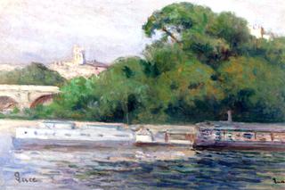 Pèniches Amarées devant Bouquet d'Arbres et Pont