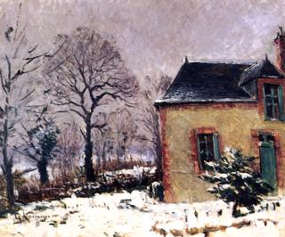 Rustic House by the River in the Snow